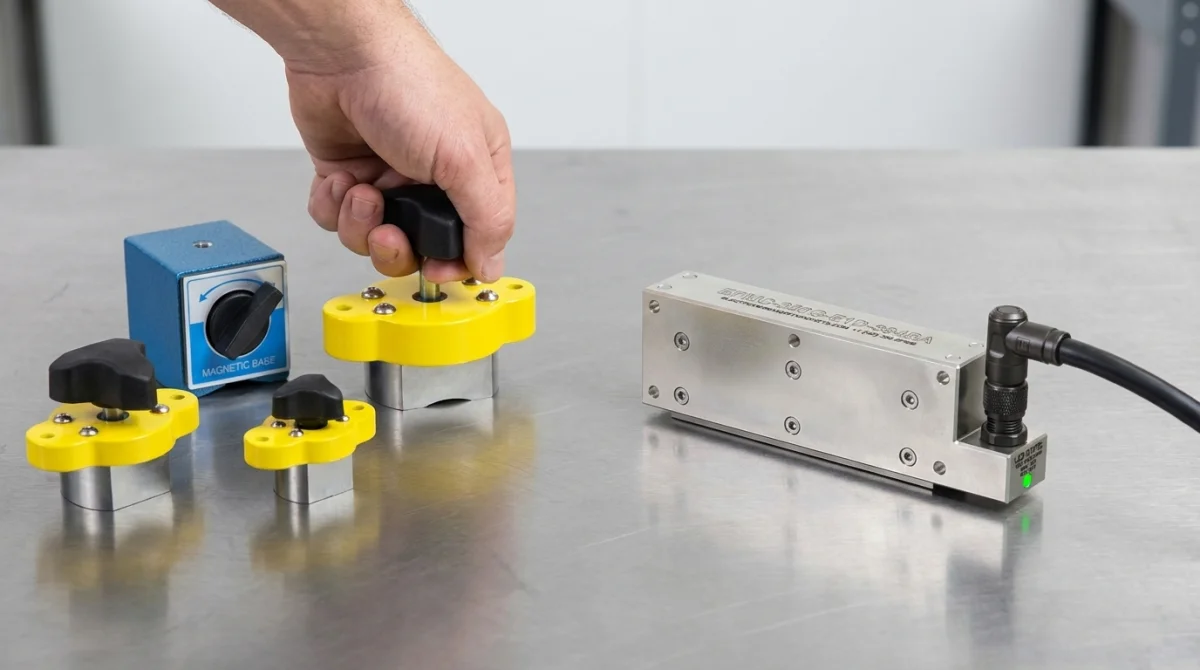 Product comparison — three MagSwitch MagJig mechanically switchable magnets with manual handles next to a flat EPM-250 with electronic cable