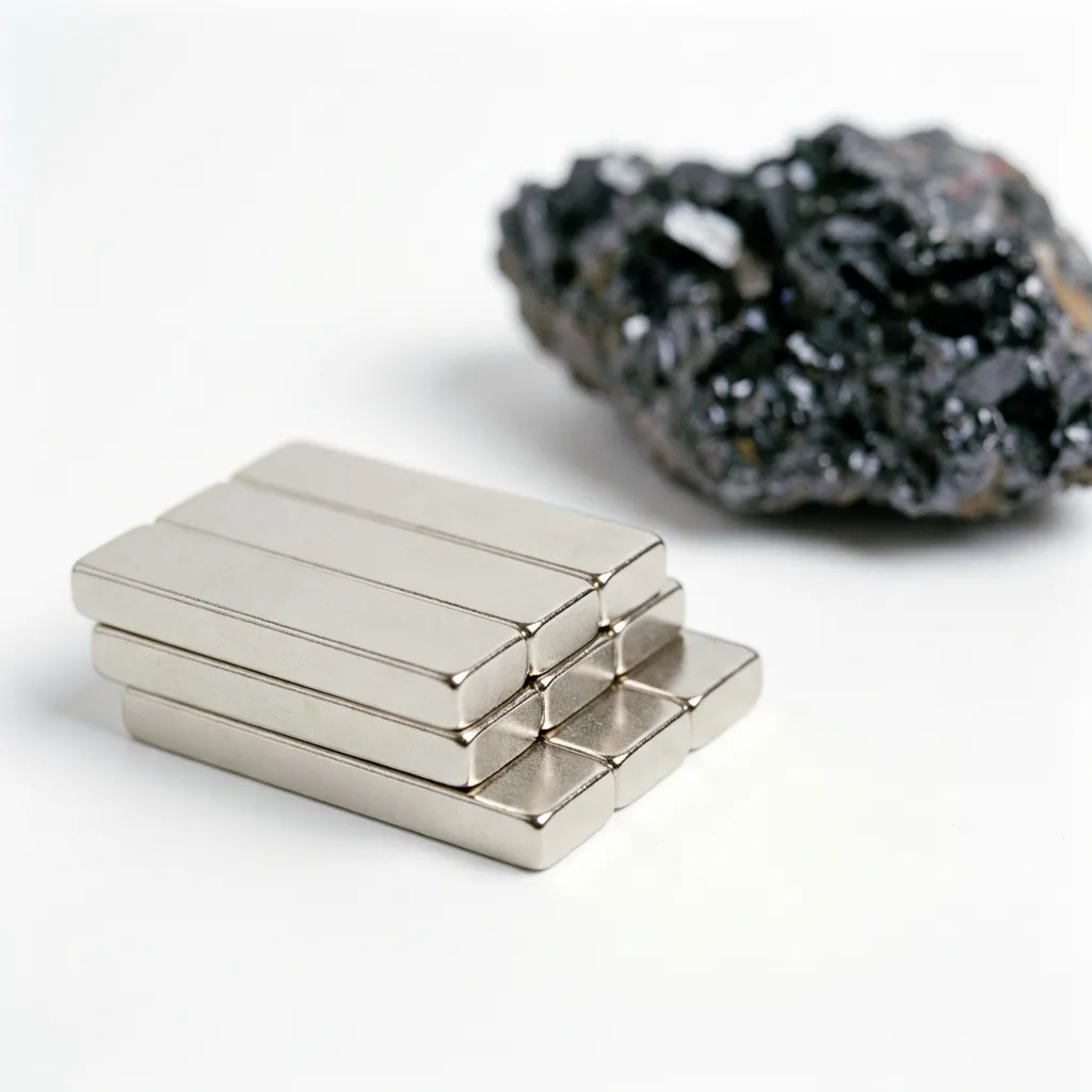 NdFeB neodymium iron boron magnets — nickel-plated blocks with raw rare-earth ore